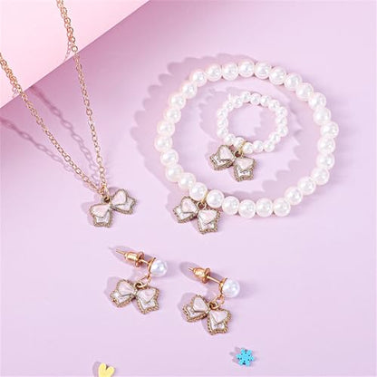 MALOYANVE 4PCS Bow Necklace Earrings Bracelet Ring Set for Women Elegant Bowknot - Adorned Pearl Jewelry Silk Ribbon Necklace Bracelet and Earrings for Christmas - style: Pink Bow