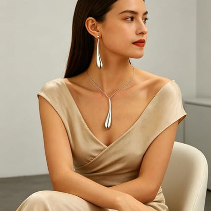 Round Teardrop Necklace Bracelet Ring Jewelry Set Gold Plated Chunky Statement Jewelry Set for Women Simple Elegant Jewelry - color: silverA