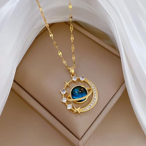Gold Moon Star Pendant Necklace, Celestial Design with Gemstone, Great Jewelry for Women Daily Wear