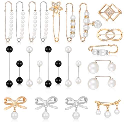 24/16 Pcs Pearl Brooch Pins Set, Decorative Safety Pin | Pant Waist Tightener Pins for Clothes Sweater Shawl Hat Clips White Collar Clips for Cardigan Dress Sweater - style: Rhinestone Pearl Style