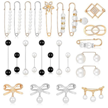 24/16 Pcs Pearl Brooch Pins Set, Decorative Safety Pin | Pant Waist Tightener Pins for Clothes Sweater Shawl Hat Clips White Collar Clips for Cardigan Dress Sweater - style: Rhinestone Pearl Style