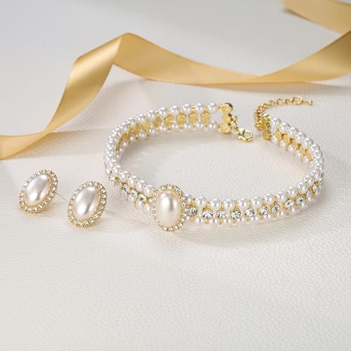 BriLove 1920s Costume Jewelry Set for Women,Vintage Multilayer Simulated Pearl Crystal Necklace Bracelet Earrings Cosplay Party Accessories - style: 2pcs Stud