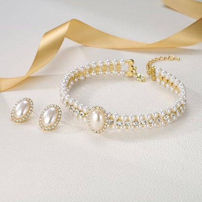 BriLove 1920s Costume Jewelry Set for Women,Vintage Multilayer Simulated Pearl Crystal Necklace Bracelet Earrings Cosplay Party Accessories - style: 2pcs Stud