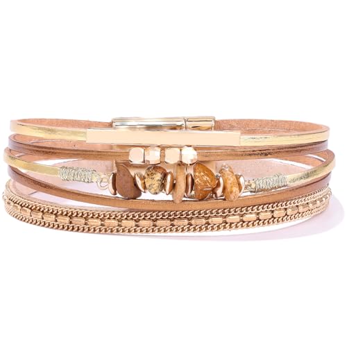 Boho Gemstone Beaded Leather Wrap Bracelets Stackable Chunky Cuff Bracelet Western Jewelry Cowboy Chic Country Concert Outfits for Women - color: Gold