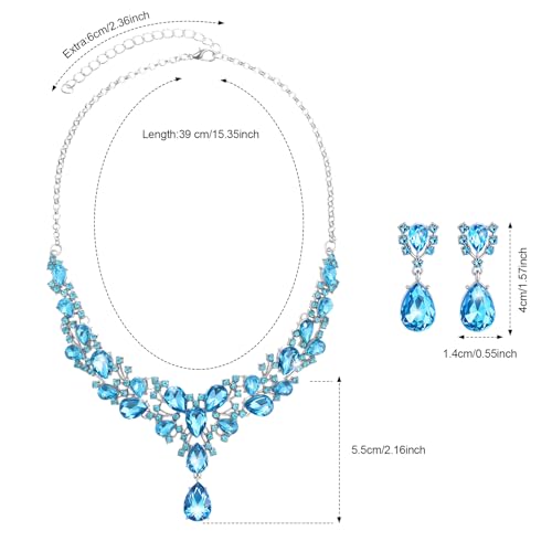 Hicarer Bridal Teardrop Cluster Crystal Jewelry Set for Women Necklace Earrings Wedding - color: Sky Blue