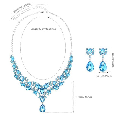 Hicarer Bridal Teardrop Cluster Crystal Jewelry Set for Women Necklace Earrings Wedding - color: Sky Blue