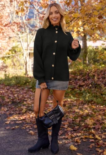 MEROKEETY Women's Fall Trendy Chunky Knit Cardigan Casual Ruffle Sweaters | Button Down, Long Sleeve, Cute Ruffle Collar, Mock Neck, Fashion Cozy Knit Sweater, Dressy Casual Winter Outerwear Clothes - color: Black, size: Small