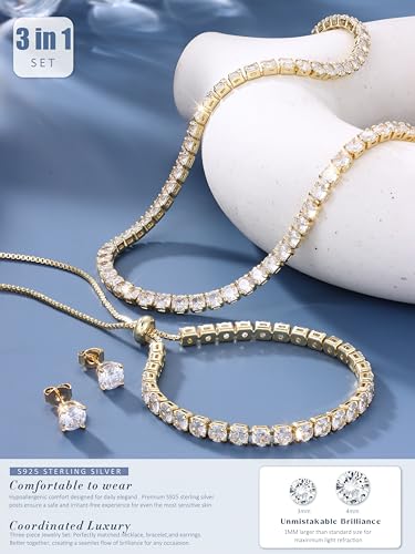 Jstyle 925 Sterling Silver Jewelry Set for Women - Dainty Tennis Necklace Bracelet Earrings Set Hypoallergenic Rhinestone Wedding Jewelry Sets for Brides Bridesmaids Crystal Prom Costume Accessories - color: Style D: 14K Gold Plated