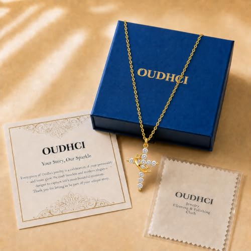 Cross Necklace for Women, Gold Plated Round Pendant with Cubic Zirconia - color: Gold