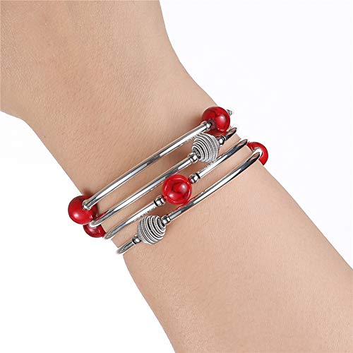 PEARL&CLUB Beaded Chakra Bangle Turquoise Bracelet - Fashion Jewelry Wrap Bracelet with Thick Silver Metal and Mala Beads, Birthday Gifts For Women - color: 63-Red