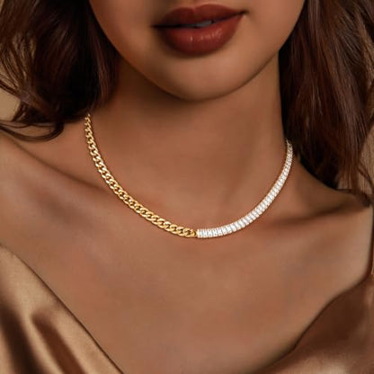 IMBOS 14K Gold Plated Chunky Chain Choker Necklaces for Women Chunky Gold Necklace Tennis Necklace for Women CZ Love Chain Cuban Link Choker Jewelry Gifts - color: Gold-Baguette Cuban