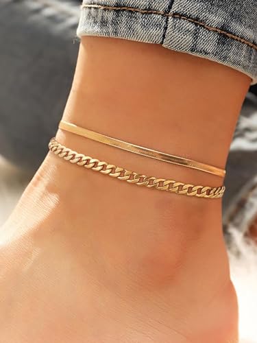 FOCALOOK Anklet Bracelets Set for Women, 14K Gold Plated Layered Anklet Set | Adjustable for Large Ankle, Cuban/Snake/Figaro/Paperclip Chain, Waterproof & Non Tarnish for Everyday Wear, Beach & Summer - color: A:2Pcs-Anklet Set-Gold