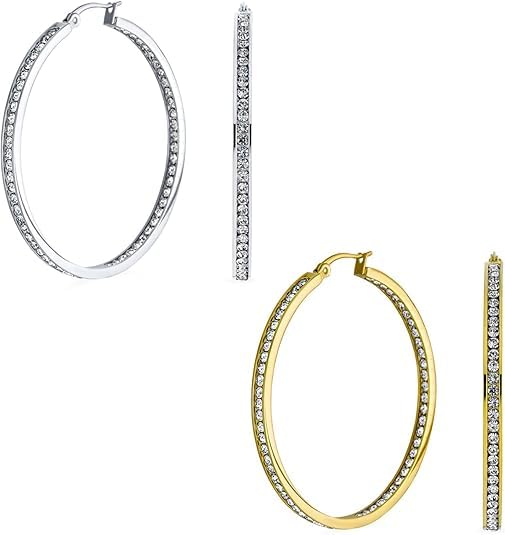 Stainless Steel Inside Out 40mm Hoop Earrings for Women – Sparkling CZ Crystal Hoops, Hypoallergenic, Lightweight, Modern Everyday Earrings – Silver, 18K Gold Plated, & Black Options - color: Silver + 18K Gold Plated