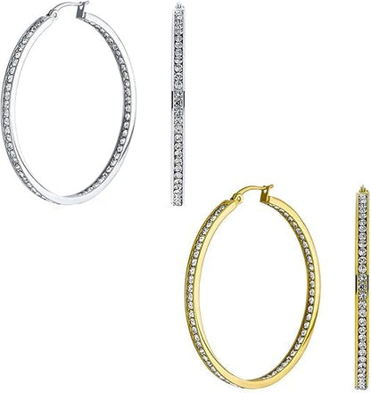 Stainless Steel Inside Out 40mm Hoop Earrings for Women – Sparkling CZ Crystal Hoops, Hypoallergenic, Lightweight, Modern Everyday Earrings – Silver, 18K Gold Plated, & Black Options - color: Silver + 18K Gold Plated