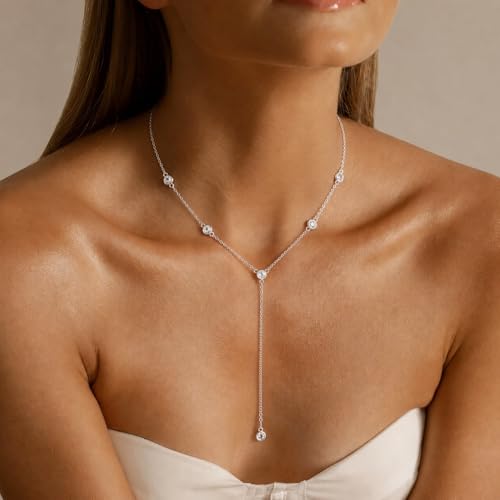 Lariat Gold Necklace for Women, 14K Gold Plated Dainty Drop Y Necklace, Waterproof Non Tarnish Long Layered Beaded Chain Lariat Necklace Prom Jewelry Summer Vacation Gift for Her - color: Silver-8
