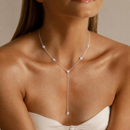 Lariat Gold Necklace for Women, 14K Gold Plated Dainty Drop Y Necklace, Waterproof Non Tarnish Long Layered Beaded Chain Lariat Necklace Prom Jewelry Summer Vacation Gift for Her - color: Silver-8