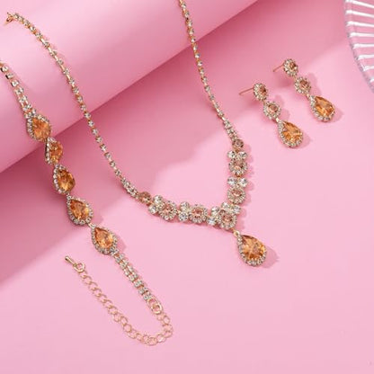 Paxuan Silver/Gold Rhinestone Crystal Wedding Bridal Bridesmaids Earrings Bracelet Set for Women Brides Bridesmaids Crystal Rhinestone Bracelet Earrings Set for Wedding Bridal Prom Pageant - color: Champagne