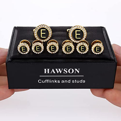 HAWSON 18K Gold Tone Initial Cufflinks for Men with Tuxedo Studs - Gift Boxed, Stylish Men's Jewelry Accessories for Weddings, Birthdays, Anniversaries, Father's Day - color: E-Cufflinks & Studs Set