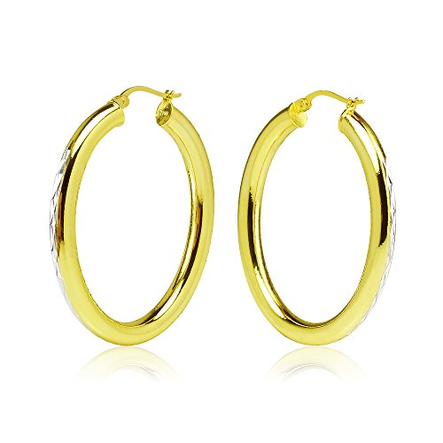 Hoops & Loops 925 Sterling Silver 4mm Thick Oval Diamond-Cut Hoop Earrings, 25mm 30mm, Silver, Yellow Gold, Rose Gold & Black - color: Yellow Gold 30mm-1.2''