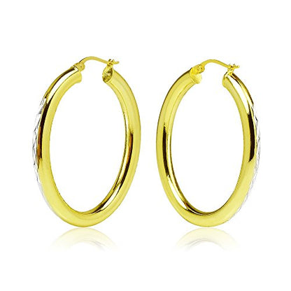 Hoops & Loops 925 Sterling Silver 4mm Thick Oval Diamond-Cut Hoop Earrings, 25mm 30mm, Silver, Yellow Gold, Rose Gold & Black - color: Yellow Gold 30mm-1.2''