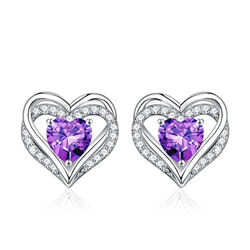 Iefil Birthstone Earrings for Women - 925 Sterling Silver Heart Stud Earrings Birthday Gifts for Women - color: 02-Feb-Created Amethyst