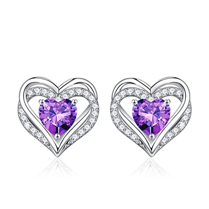 Iefil Birthstone Earrings for Women - 925 Sterling Silver Heart Stud Earrings Birthday Gifts for Women - color: 02-Feb-Created Amethyst
