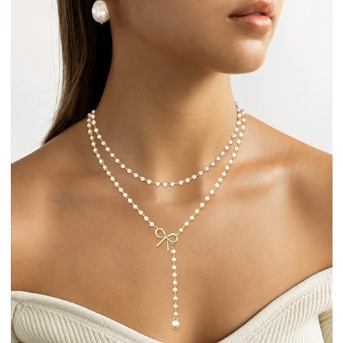 Layered Pearl Necklaces for Women 14K Gold Plated Trendy Faux Pearl Drop Y Necklace Dainty Pearl Choker Gold Layering Necklace,Jewelry Gift for Her,Mother,Wife,Girlfriend - style: Bow&Pearl Y Necklace