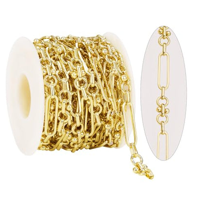 KYUNHOO 16.4 Feet Paperclip Chains for Jewelry Making with Jewelry Clasps | Light Gold Plated Iron Chain Link on Roll with Buckle Women Men Necklace Bracelet DIYJewelry Findings - color: Paperclip Gold