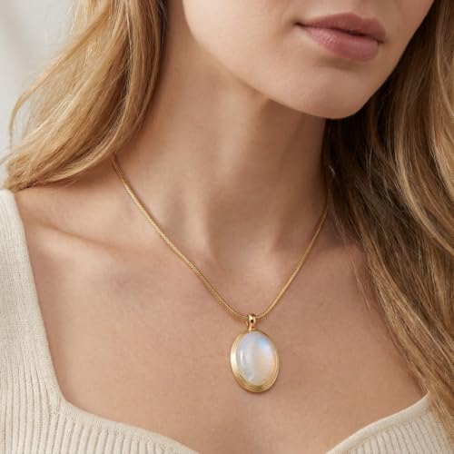 Sonateomber Gold Stone Pendant Necklace for Women, Chunky Statement Dainty Heart Oval Natural Gemstone Dangle Necklaces Wedding Prom Accessories Fashion Jewelry Gift - color: White Moonstone