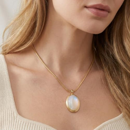 Sonateomber Gold Stone Pendant Necklace for Women, Chunky Statement Dainty Heart Oval Natural Gemstone Dangle Necklaces Wedding Prom Accessories Fashion Jewelry Gift - color: White Moonstone