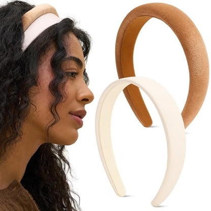 Kitsch Velvet & Satin Headbands for Women - Non Slip, Soft and Lightweight - Stylish Headbands for Girls with Chic Neutral Shades - Cream & Camel, 2pc Set - color: Cream & Camel