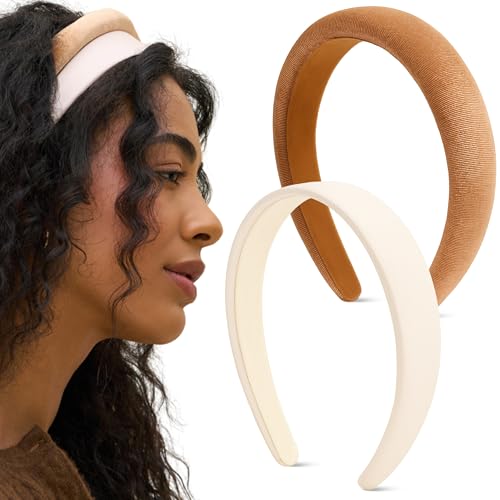 Kitsch Velvet & Satin Headbands for Women - Non Slip, Soft and Lightweight - Stylish Headbands for Girls with Chic Neutral Shades - Cream & Camel, 2pc Set - color: Cream & Camel