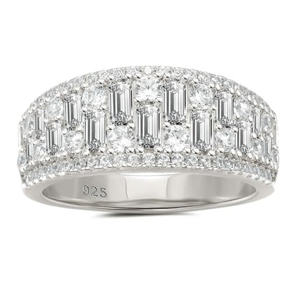 Wuziwen Wide Wedding Bands for Women Round and Baguette Eternity Ring | Premium 5A Cubic Zirconia Emerald Cut Vintage Wide Half Eternity Rings for Her Stackable Bridal Engagement Anniversary Bands