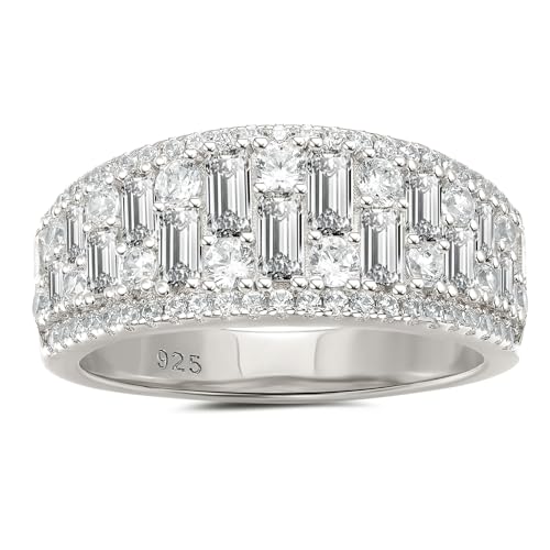 Wuziwen Wide Wedding Bands for Women Round and Baguette Eternity Ring | Premium 5A Cubic Zirconia Emerald Cut Vintage Wide Half Eternity Rings for Her Stackable Bridal Engagement Anniversary Bands