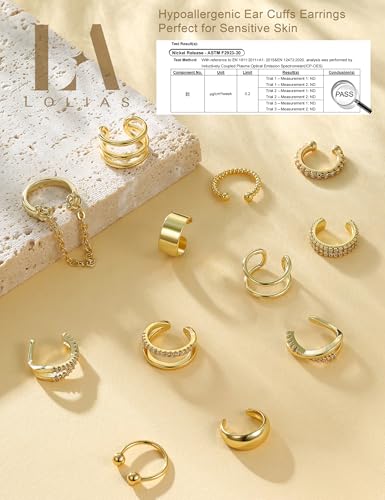 LOLIAS 12Pcs Ear Cuffs Non Piercing - 14K Gold Plated Ear Cuff Earrings for Women Adjustable Earring Cuffs for Non Pierced Ears Clip on Cartilage Earring Fake Earrings Set - color: 14K Gold Plated