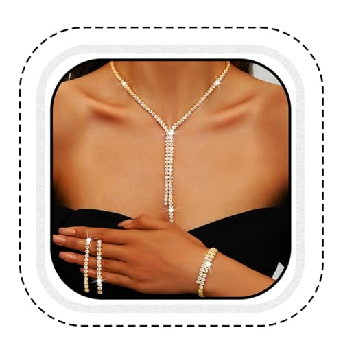 Silver Bridal Wedding Jewelry Sets Rhinestone Necklace Earrings Bracelet Set Prom Formal Costume Jewelry Sets for Women and Brides - color: Gold