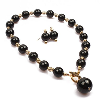 COLORFUL BLING Chunky Multicolor Simulated Pearl Choker Necklace Drop Dangle Earrings Bracelet Set Crystal Bib Big Large Round Beaded Strand for Women Brides Costume Statement 1920s Wedding Jewelry - color: Black