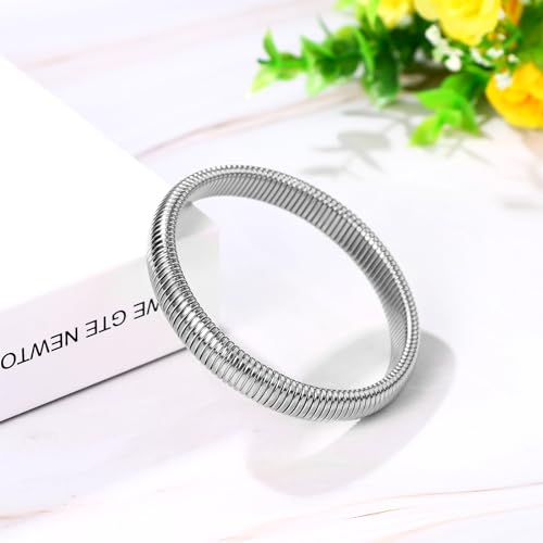 NMQLX Women's Elastic Bangle Bracelets: Stainless Steel Gold Chunky Wristband Bracelets - color: Silver - 10mm
