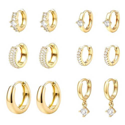 Wgoud 12 Pairs Small 14K Gold Plated Chunky Hoop Earrings for Women Hypoallergenic Lightweight Gold/Silver Hoop Earring Set for Sensitive Ears Trendy Cartilage Huggie Hoops Stacks for Multiple Piercing Jewelry - color: Gold-6 pairs- round