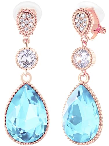 Clip On 18 * 13MM Big Crystal Dangle Non Pierced Earrings for Women 14K Gold Plated Jewelry - color: Mar-Aquamarine-Rose Gold Plated