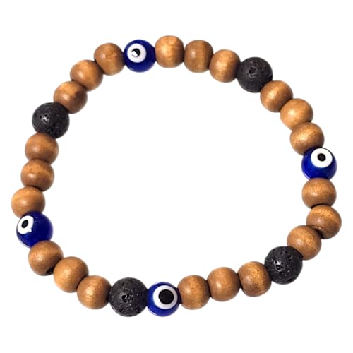 BlueRica Handcrafted Evil Eye Protection Stretch Bracelet with Wooden Beads & Lava Stones (Natural & Blue Evil Eyes)