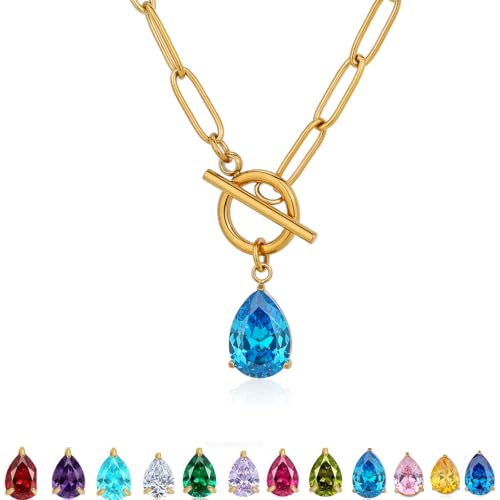 Teardrop CZ Pendant Paperclip Chain Necklace 18K Plated Paperclip Toggle Necklace Jewelry Birthstone Gift for Women - color: Sapphire-September