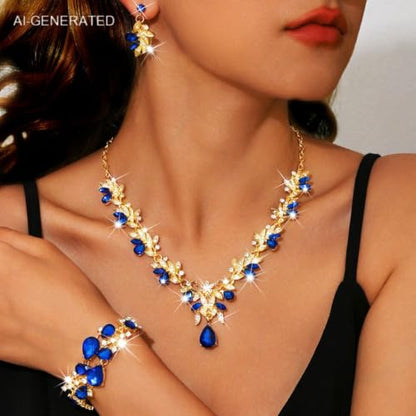 Sixexey Bridal Wedding Jewelry Set Crystal Neck Jewelry Rhinestone Wedding Prom Jewelry Accessories for Women - color: Blue Crystal