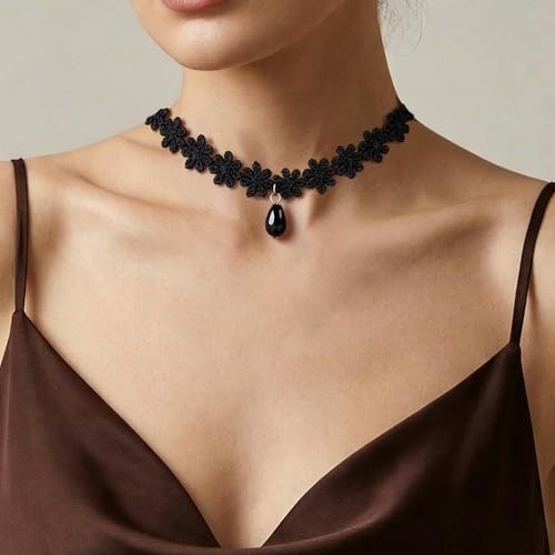 Black Necklaces for Women,Adjustable Layered Collar,Goth Jewelry - color: Flower
