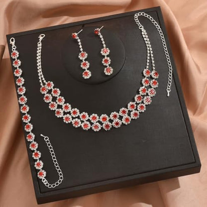 Rhinestone Bridal Wedding Jewelry Set，Crystal Necklace Earrings Bracelet Sets Formal Costume Jewelry for Women and Brides - color: RED