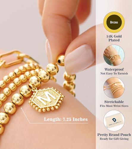 doubgood Gold Bracelets for Women, 14K Gold Plated Stackable Initial Beaded Bracelet with Letter Pendant Waterproof Stretch Trendy Stack Jewelry Set Gifts for Mom Christmas - color: H - Gold