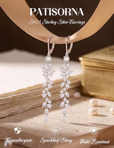 PATISORNA 925 Sterling Silver Dangle Earrings for Women Trendy Hypoallergenic White Gold Plated Leverback Drop Earrings Long Lightweight Statement Earring for Wedding Brides - color: Long CZ