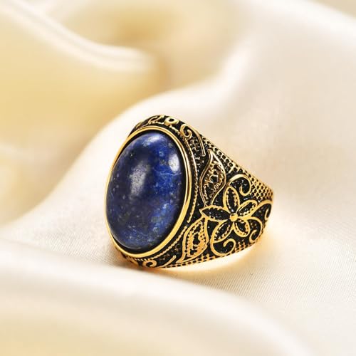 Retro Large Tiger Eye Stone Turquoise Wedding Ring For Men Classical Gothic Stainless Steel Rings - color: Gold-Blue
