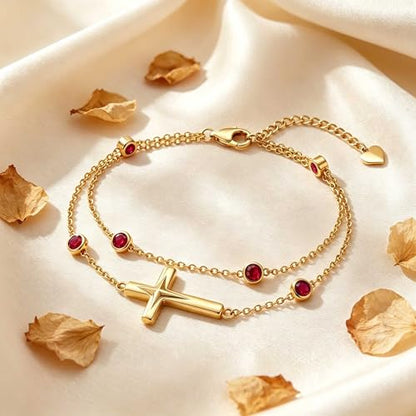 Midari 18K Yellow Gold Gemstone Birthstone Anklet Bracelet Cross Jewelry with 12 Months Birthstone Birthday Gifts for Women Wife Her Daughter Mom - color: 07-Jul-Ruby, size: Anklet 9"-11"