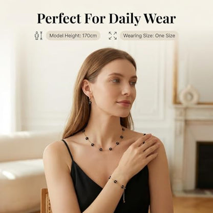 Daisy Pearl Jewelry Set for Women, 14K Gold Plated Stainless Steel Necklace Bracelet Earring 3 Piece Set, Dainty Pearl Choker Flower Necklace Birthday Gift for Her - color: Black